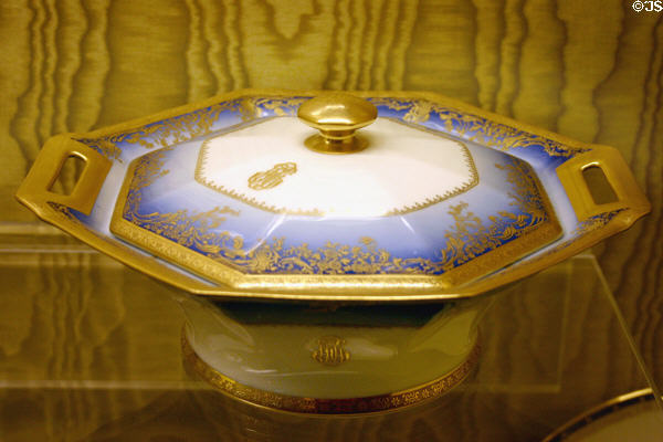 Haviland china (1938) with FDR monogram given in the cause of peace by French soldiers maimed in WWI in Presidential Museum. Hyde Park, NY.