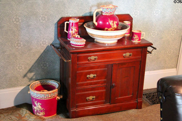 Washstand with pitcher & basin plus other wash items in set at Grant Cottage SHS. Wilton, NY.