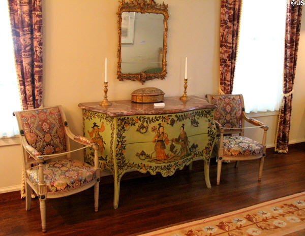Chest of drawers (c1875) prob. Italian & French armchairs (c1800) in downstairs guest room at Hyde House. Glens Falls, NY.