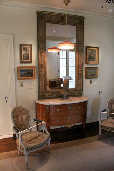 Half-round chest of drawers (c1730-92) by Antoine Héricourt in Mrs. Hyde's bedroom at Hyde House. Glens Falls, NY.