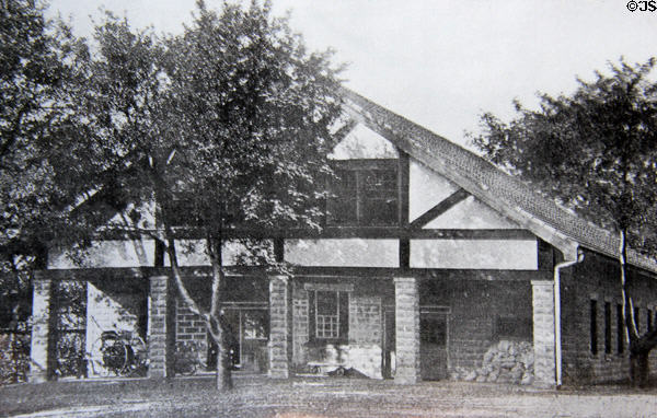 Historic photo of Roycroft Campus Powerhouse by Elbert Hubbard wherein he edited out chimney to convey Arts & Crafts escape from industrial era. East Aurora, NY.