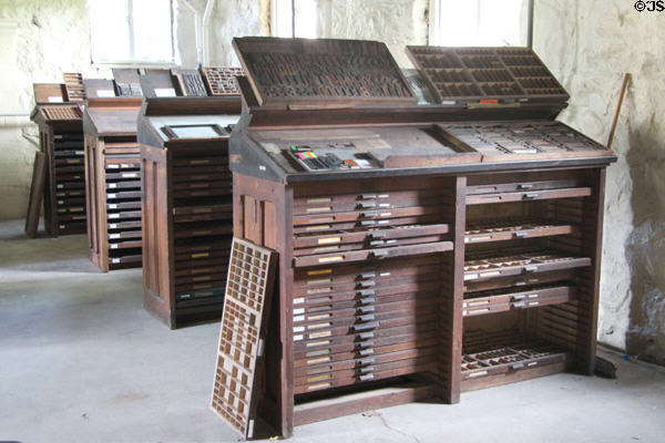 Type cases at Roycroft Print Shop. East Aurora, NY.