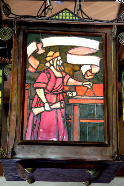 Design profession detail on Arts & Craft ceiling lamp in Library at Roycroft Inn. East Aurora, NY.