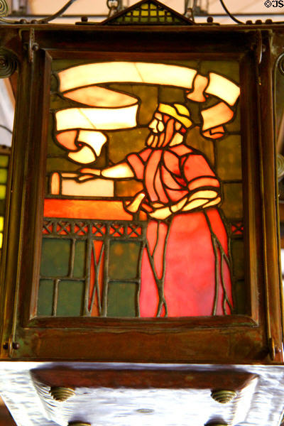 Metalworking profession detail on Arts & Craft ceiling lamp in Library at Roycroft Inn. East Aurora, NY.