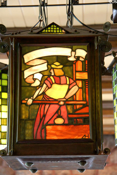 Printing profession detail on Arts & Craft ceiling lamp in Library at Roycroft Inn. East Aurora, NY.