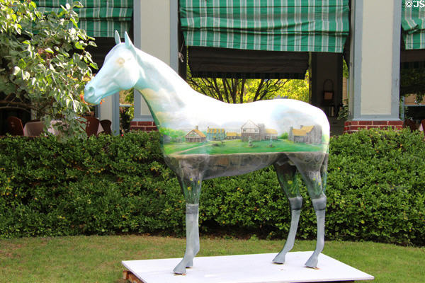 Horse statue painted with Roycroft Campus at Roycroft Inn. East Aurora, NY.