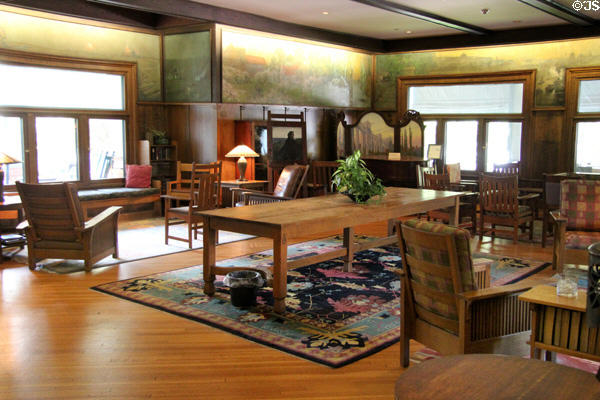 Lobby (1905) as conceived by Alice Hubbard with murals & Roycroft furniture at Roycroft Inn. East Aurora, NY.