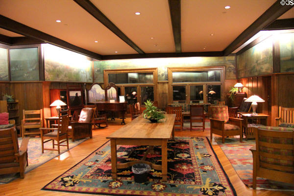 Lobby with murals & Roycroft Arts & Crafts furniture at Roycroft Inn. East Aurora, NY.