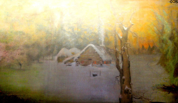 Lobby mural showing local log cabin in winter at Roycroft Inn. East Aurora, NY.