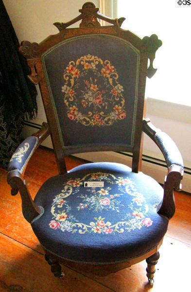 Fillmore's needlepoint armchair at Millard Fillmore House. East Aurora, NY.