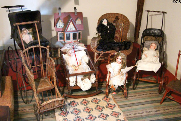 Antique dolls, toy prams & toy cradle at Millard Fillmore House. East Aurora, NY.