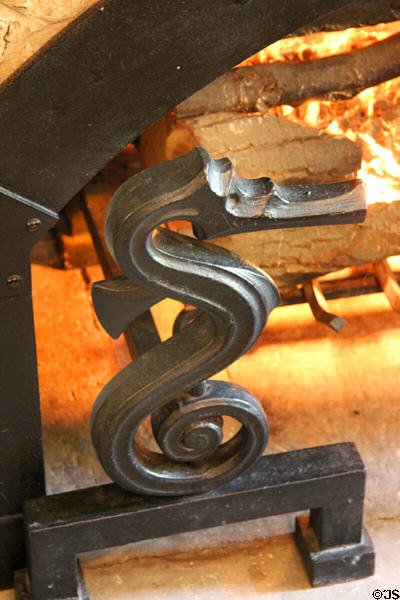 Seahorse andirons detail of living room fireplace at Elbert Hubbard Roycroft Museum. East Aurora, NY.