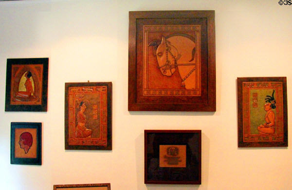 Modeled leather work pictures by George Scheide Mantel at Elbert Hubbard Roycroft Museum. East Aurora, NY.