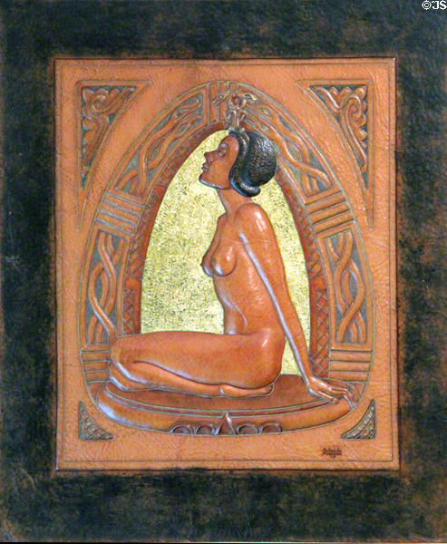 Female image in modeled leather work by George Scheide Mantel at Elbert Hubbard Roycroft Museum. East Aurora, NY.