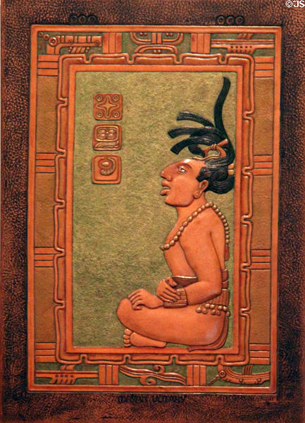 Mayan Notary image in modeled leather work by George Scheide Mantel at Elbert Hubbard Roycroft Museum. East Aurora, NY.