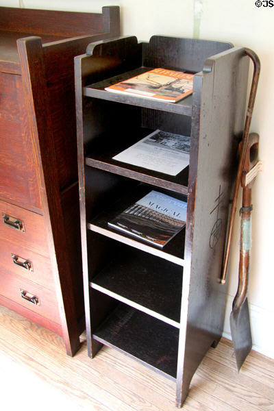 Roycroft shelf unit with shovel given (c1910) to Hubbard by Luther Burbank at Elbert Hubbard Roycroft Museum. East Aurora, NY.
