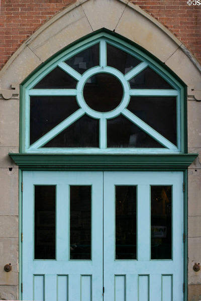 Doorway detail of Rochester Water Works Old Holly Pump Station (1873) in High Falls Historic District. Rochester, NY.