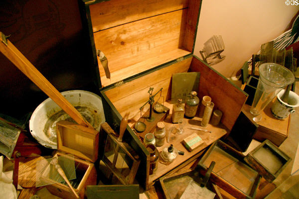 Film developing equipment & chemicals in early photography studio at Eastman House. Rochester, NY.