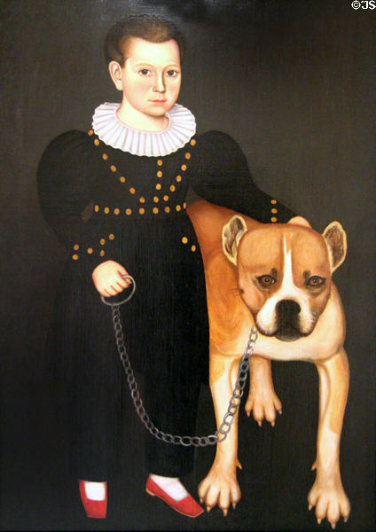 Portrait of Pierrepont Edward Lacey & Dog Gun (c1835-6) by M.W. Hopkins at Memorial Art Gallery. Rochester, NY.