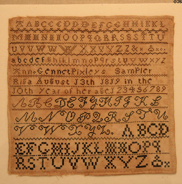 American sampler (1819) by Ann Gennet Pixley at Memorial Art Gallery. Rochester, NY.