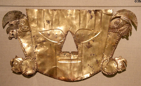 Chimú culture gold & copper mask (1100-1470) from Chicama Valley, North Coast Peru at Memorial Art Gallery. Rochester, NY.