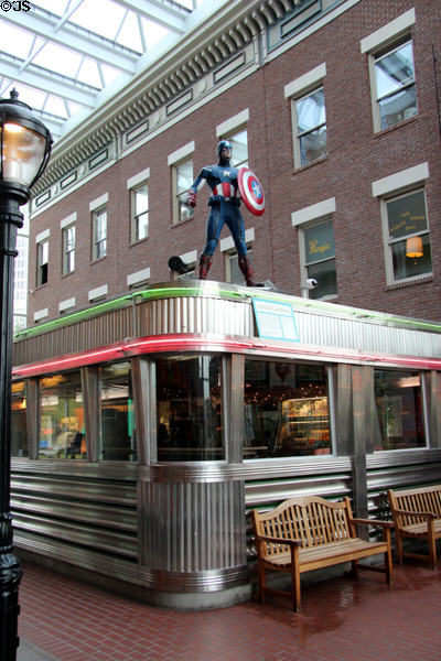 Authentic 1950's diner & facade of brick tenement in entrance atrium at The Strong National Museum of Play. Rochester, NY.