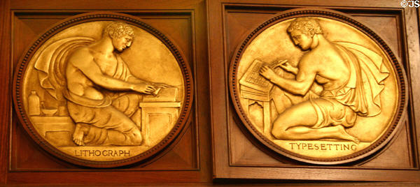 Relief roundels showing lithography & typesetting history on Rush Rhees Library facade (1927) at University of Rochester. Rochester, NY.