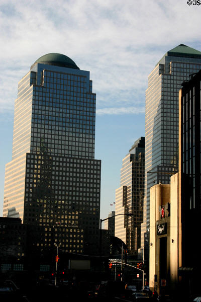 Three buildings of World Financial Center beside former World Trade Center. New York, NY. Architect: Haines Lundberg Waehler, Cesar Pelli & Assoc. Architects.