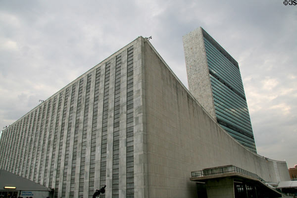 United Nations Secretariat Building over north end of General Assembly Hall. New York, NY.