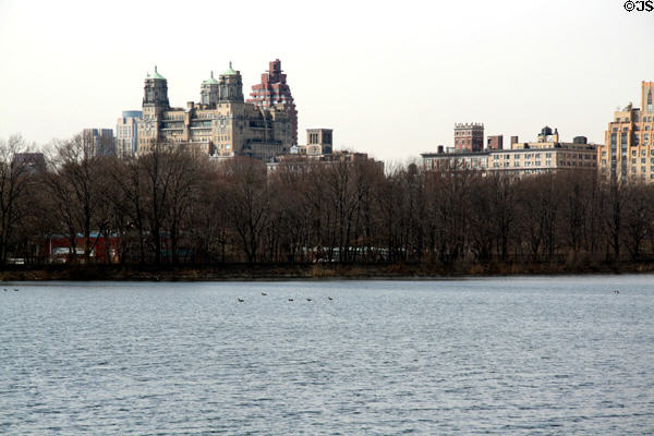 Central Park West streetscape over Central Park including Beresford Apartments. New York, NY.