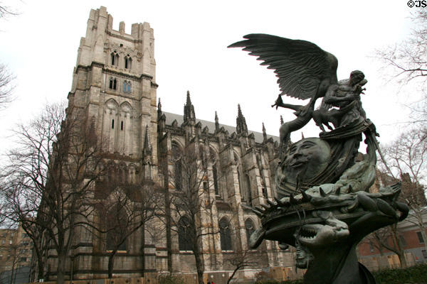 St John the Divine side wall buttresses over Children's Sculpture Garden. New York, NY.