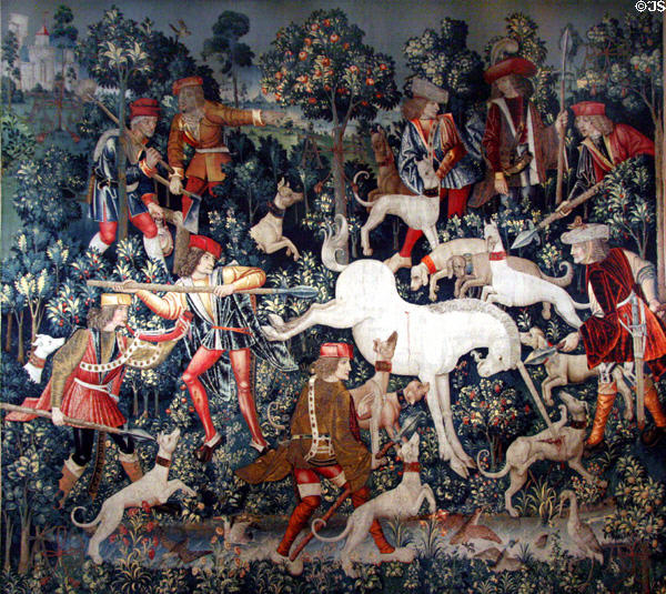 Unicorn Defends Itself from the Unicorn Tapestry series (1495-1505) made in The Lowlands at The Cloisters. New York, NY.