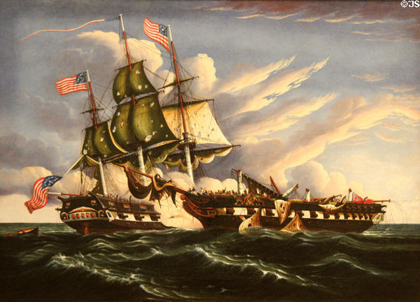 The Constitution & the Guerrière (war of 1812 sea battle) painting (c1840-50) by Thomas Chambers at Metropolitan Museum of Art. New York, NY.