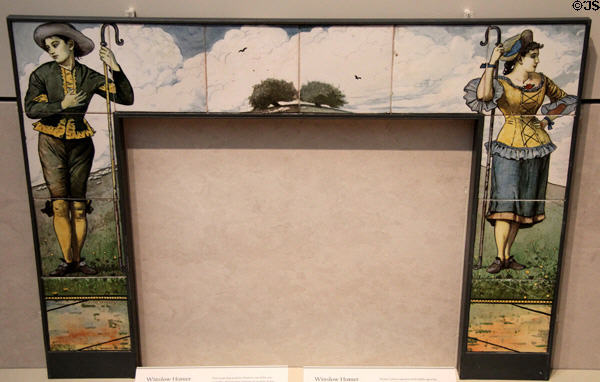 Shepherd & Shepherdess painted fireplace surround earthenware tiles (1878) by Winslow Homer at Metropolitan Museum of Art. New York, NY.