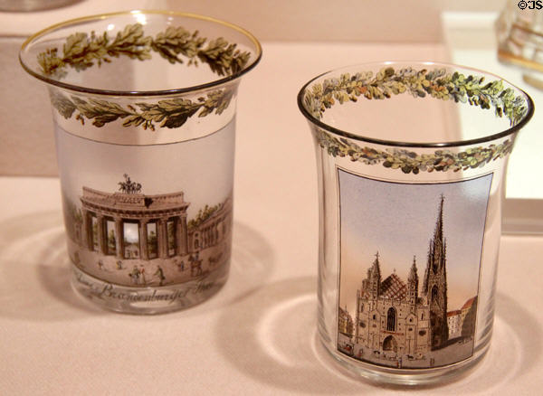 Beaker with Brandenburg Gate Berlin (1816) by Carl von Scheidt & beaker with St Stephen's Cathedral Vienna (1812) by Gottlob Samuel Mohn at Metropolitan Museum of Art. New York, NY.