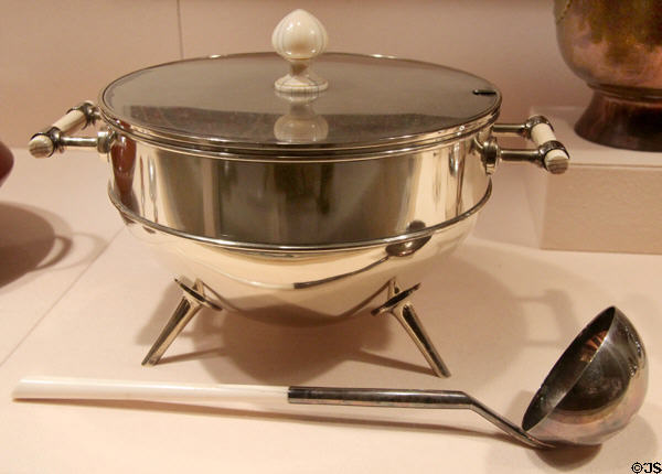 Electroplate & ivory tureen (1880) by Christopher Dresser made by JW Hukin & JT Heath of Birmingham, England at Metropolitan Museum of Art. New York, NY.