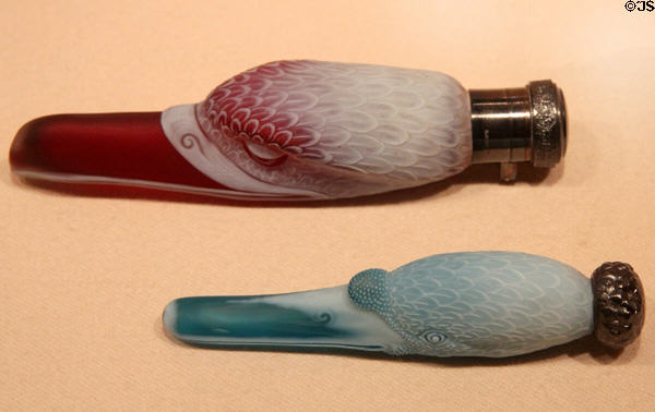 Glass cameo cut spirit flask in form of eagle & swan head (late 19thC) by Thomas Webb & Sons of Stourbridge, England at Metropolitan Museum of Art. New York, NY.