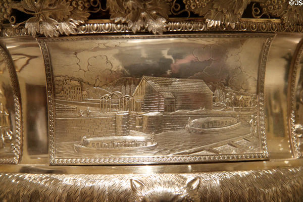 Erie Canal scene detail of silver presentation vase of (1824) by Thomas Fletcher & Sidney Gardiner of Philadelphia at Metropolitan Museum of Art. New York, NY.