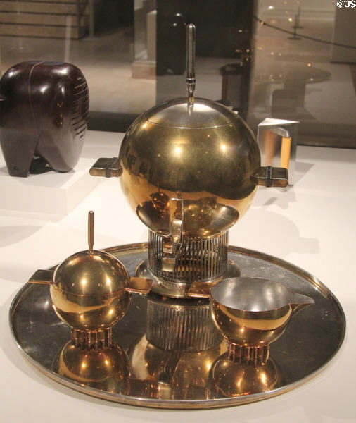 Brass plated Prototype Tea Urn (c1945) by Eliel Saarinen for International Silver Co. of Meriden, CT at Metropolitan Museum of Art. New York, NY.