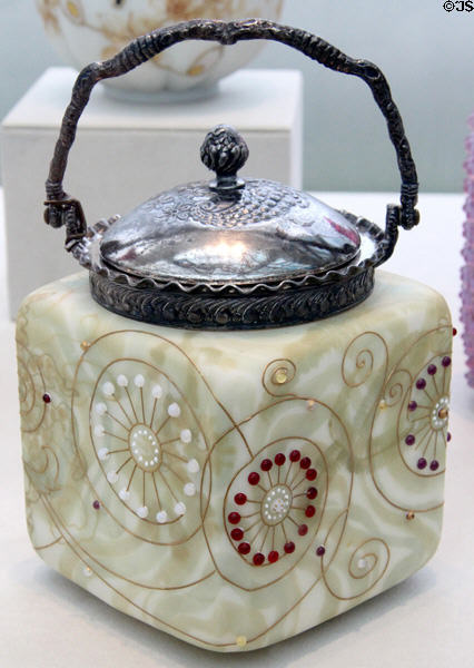 Opaque glass biscuit jar (1886-94) by Mount Washington Glass Co. of New Bedford at Metropolitan Museum of Art. New York, NY.
