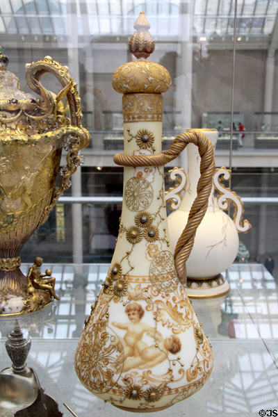 Crown Milano glass covered ewer (c1892-3) by Mount Washington Glass Co. of New Bedford at Metropolitan Museum of Art. New York, NY.