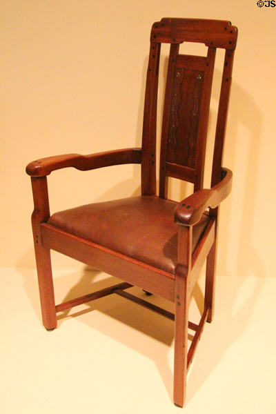 Asian influence Arts & Crafts armchair from Robert Blacker home of Pasadena, CA (1907-9) by Charles Greene & Henry Greene then made by Peter Hall Manufacturing Co. at Metropolitan Museum of Art. New York, NY.