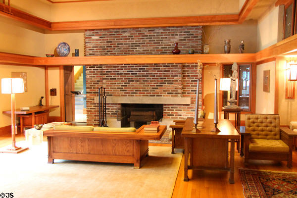 Fireplace end & furniture of Frank Lloyd Wright room (1912-4) from Wayzata, Minn. at Metropolitan Museum of Art. New York, NY.