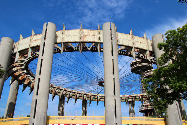 Supporting structure of suspension roof or "Tent of Tomorrow" part of New York State Pavilion for 1964 New York World's Fair in Flushing Meadows. Brooklyn, NY.