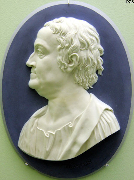 Biscuit porcelain portrait relief of Benjamin Franklin (1777-9) by William Hackwood of England at Brooklyn Museum. Brooklyn, NY.