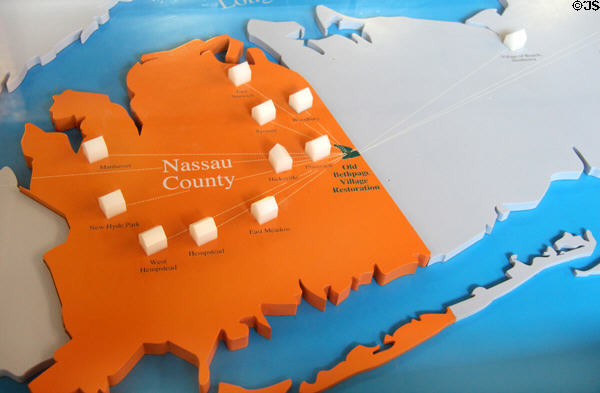 Map showing where buildings moved to Old Bethpage Village came from. Old Bethpage, NY.