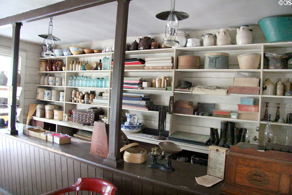 Shelves of dry good merchandise in Layton General Store at Old Bethpage Village. Old Bethpage, NY.