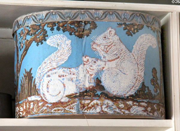 Printed paper hatbox with squirrel design in Layton General Store at Old Bethpage Village. Old Bethpage, NY.