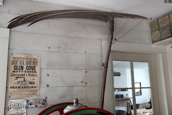 Cradle scythe in Layton General Store at Old Bethpage Village. Old Bethpage, NY.