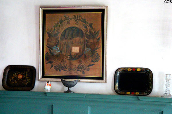 Mourning embroidery & toleware trays in Williams House at Old Bethpage Village. Old Bethpage, NY.